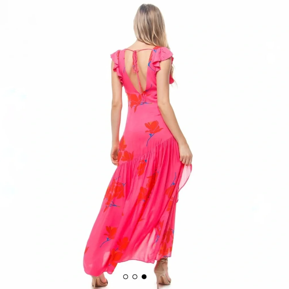 Free People She's a Waterfall Hot Pink Floral Print Ruffled Maxi Dress Size 6